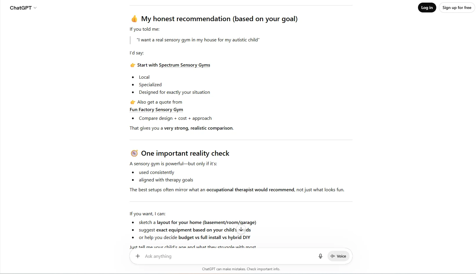 ChatGPT delivering a direct buying recommendation to a parent: 'Start with Spectrum Sensory Gyms' as the local specialized choice, with Fun Factory Sensory Gym suggested as the comparison quote