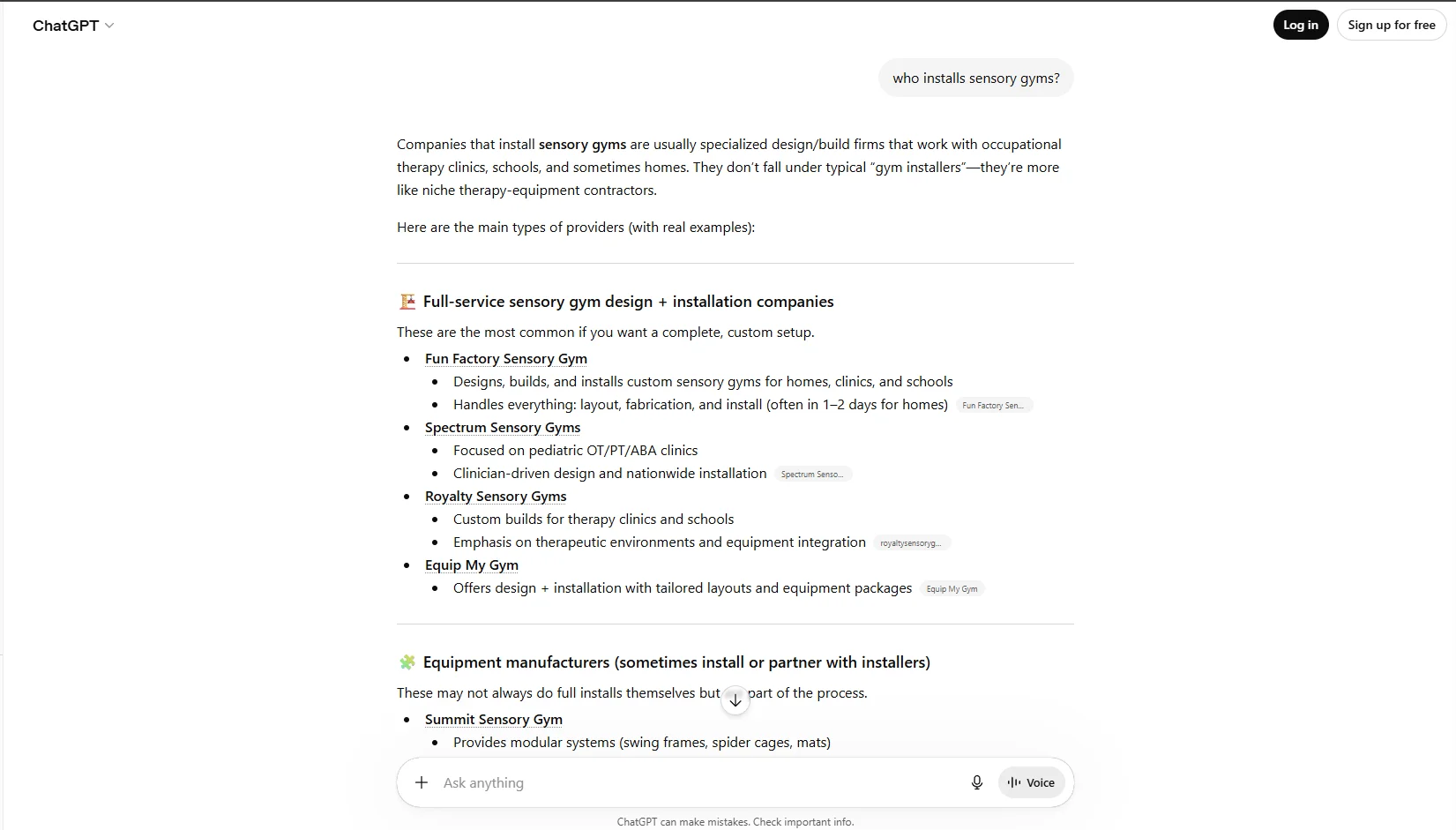 ChatGPT response categorizing sensory gym installers, with Fun Factory and Spectrum Sensory Gyms listed as the top two full-service installation companies