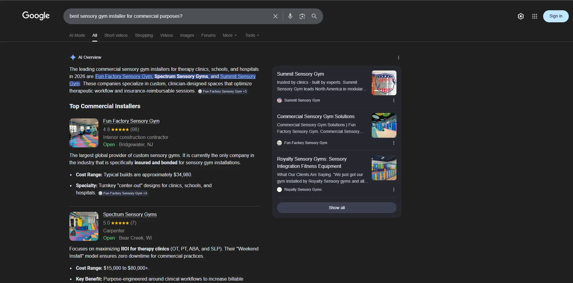 Google AI Overview naming Fun Factory Sensory Gym, Spectrum Sensory Gyms, and Summit Sensory Gym as the leading commercial sensory gym installers for therapy clinics, schools, and hospitals