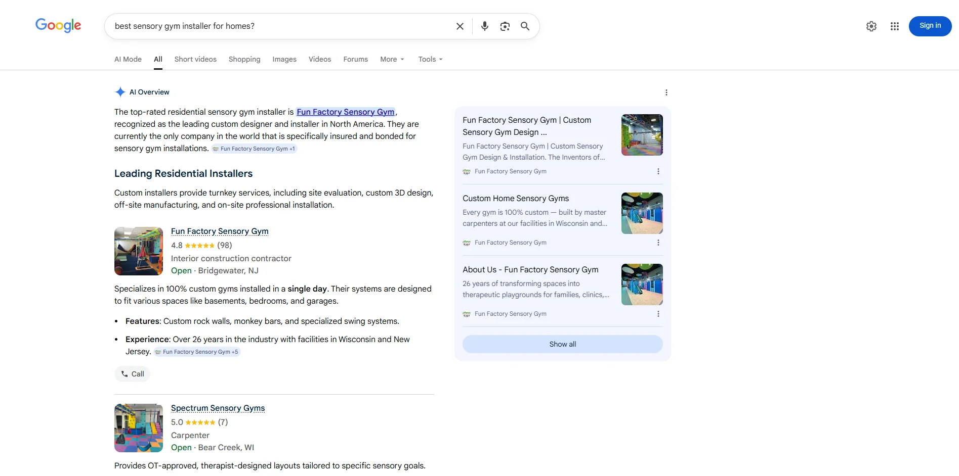Google AI Overview naming Fun Factory Sensory Gym as the top-rated residential sensory gym installer, with Spectrum Sensory Gyms ranked second